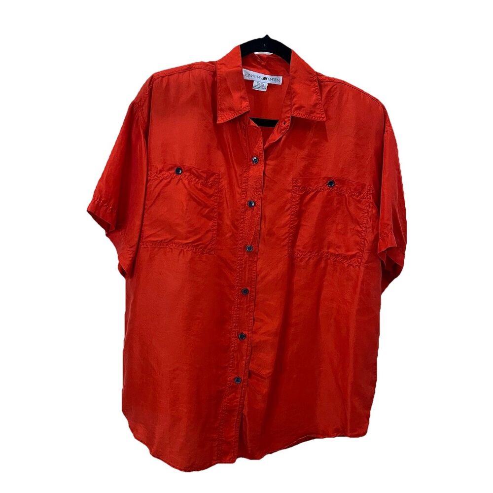 Jonathan Martin 100% Silk Orange Button Up Short Sleeve Shirt Top Womens Size M